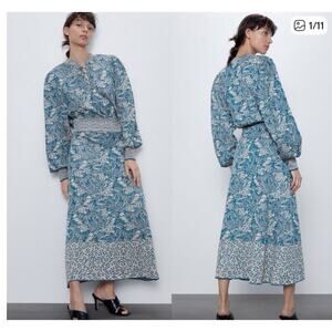 ZARA Jacquard Knit Midi Dress Long Balloon Sleeve Tapestry Blue Small